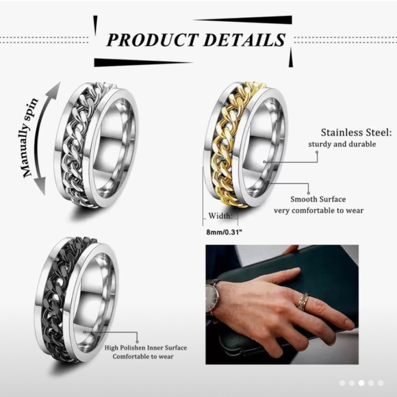 NWT Men’s Stainless Steel Rotating Ring (Black with Black Chain/Multiple Sizes) - Picture 5 of 6